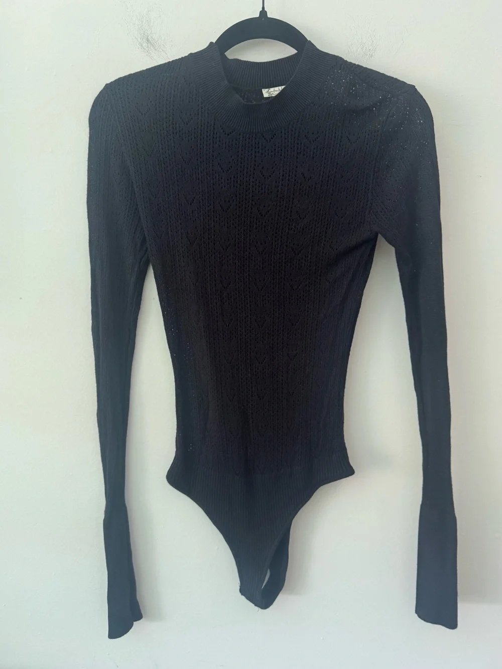 Free People Black Long Sleeve Sheer Pointelle Knit Bodysuit Small